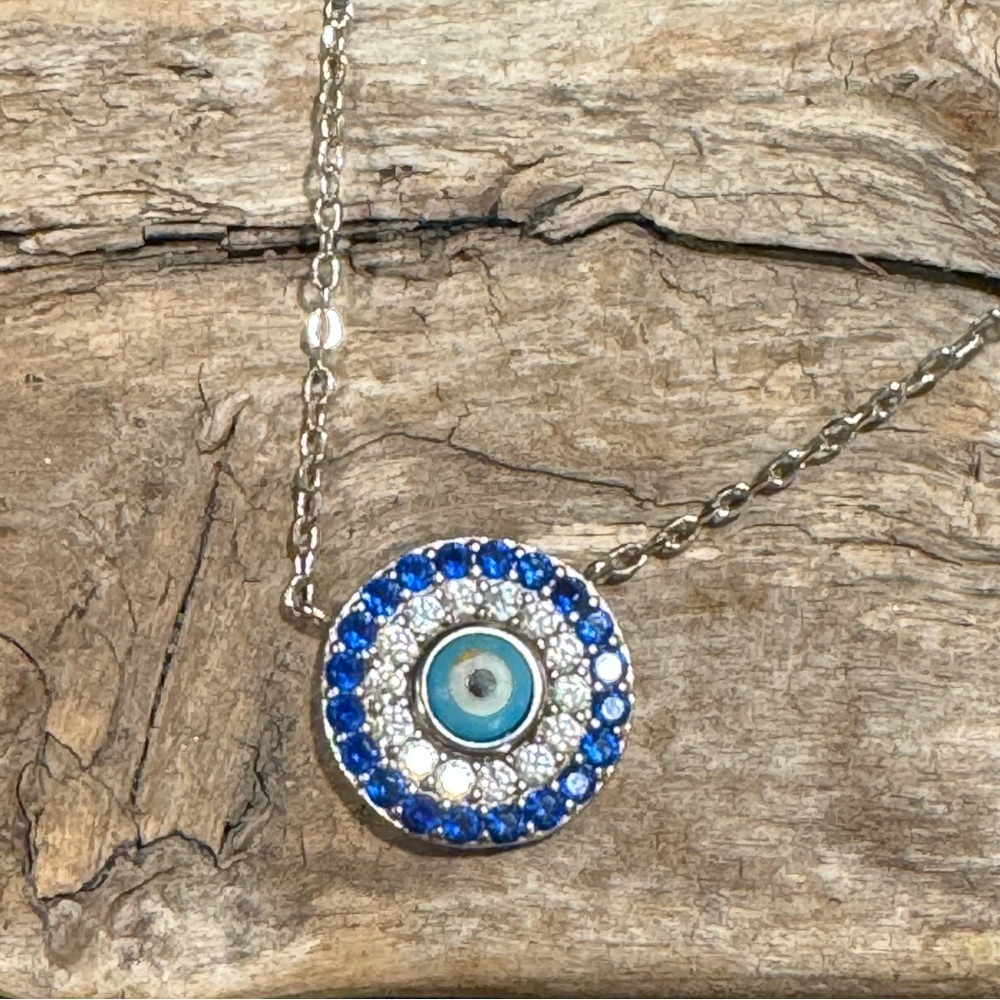 Evil Eye Crystal Necklace - silver tone lots of sparkle